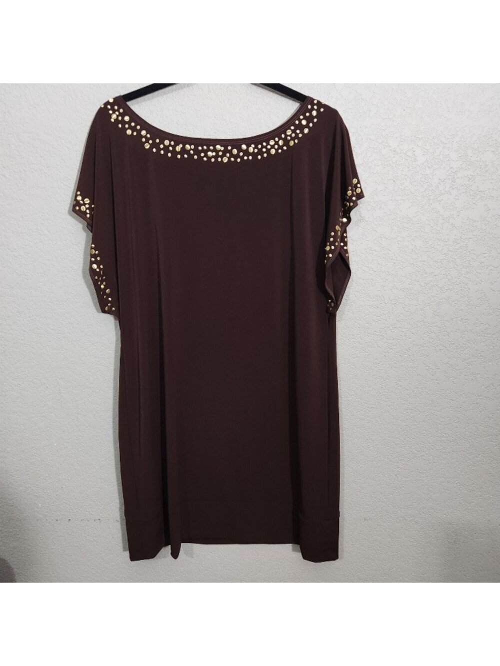 Dressbarn Dress Brown Studded Short Sleeve Gold Accents Size 16